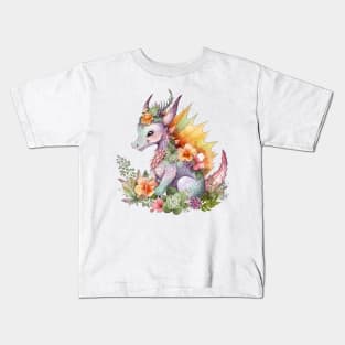 Cute Spring Flower Dragon Watercolor Kids T-Shirt